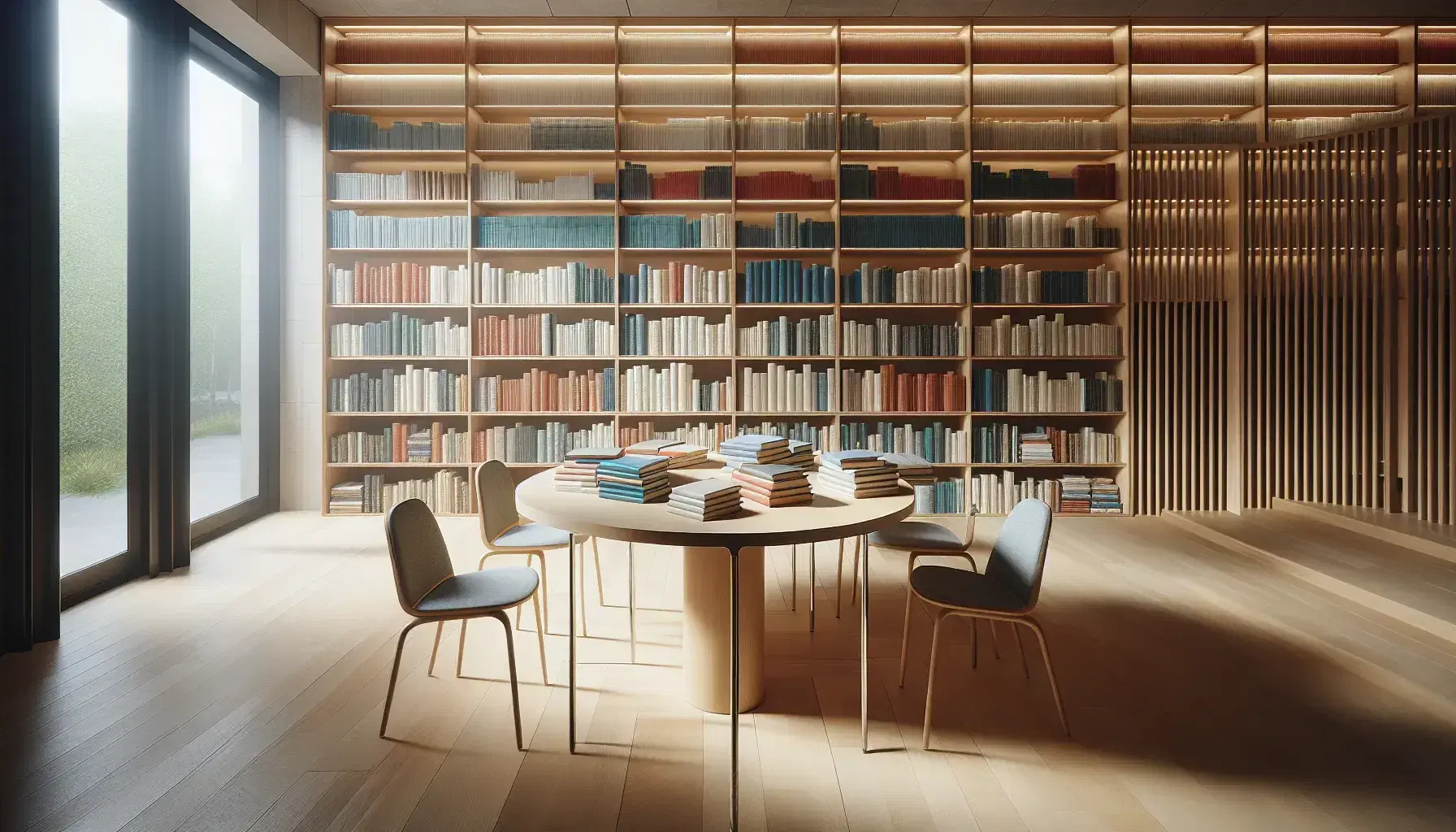 Biblioteca moderna y espaciosa con mesa de madera clara, libros de colores sin texto y estantes llenos, luz natural y figura humana leyendo.