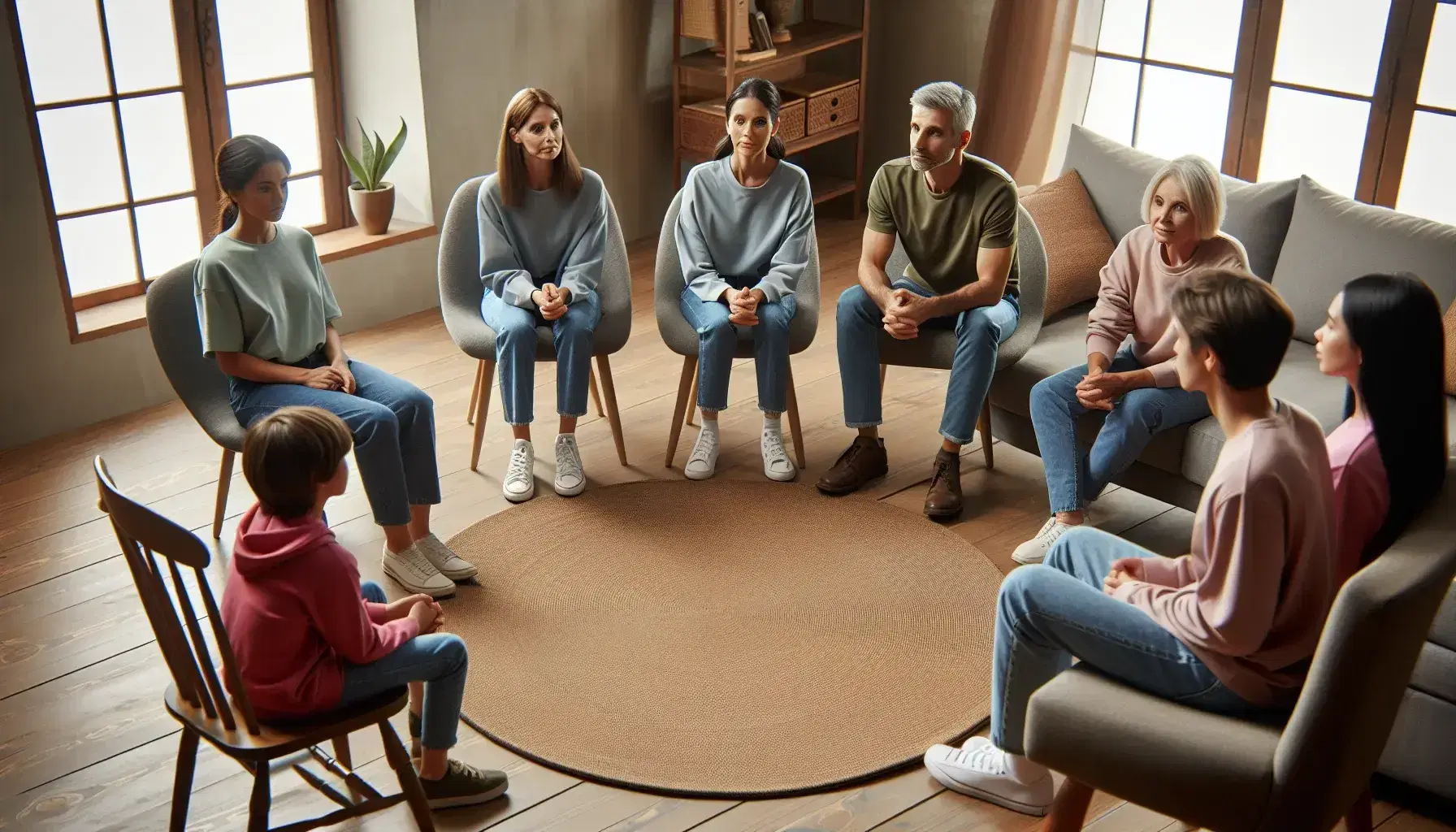 Grupo de cinco personas de diversas edades sentadas en círculo en una sala iluminada, con un niño jugando en el suelo y una mujer mayor con un libro.