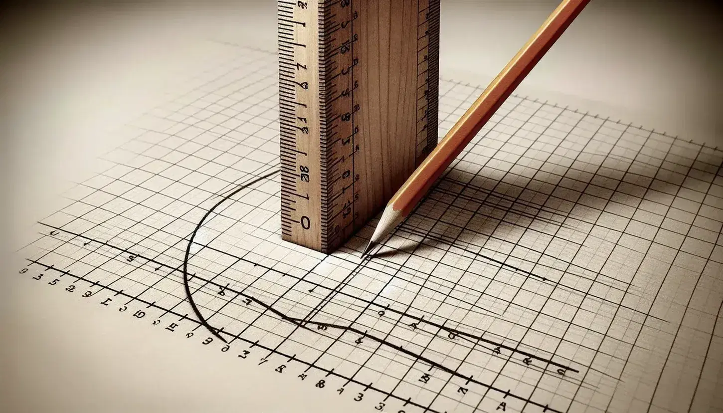 Close-up of a wooden ruler and pencil on graph paper, with two diagonal lines interrupted by the ruler, creating a gap on a white background.