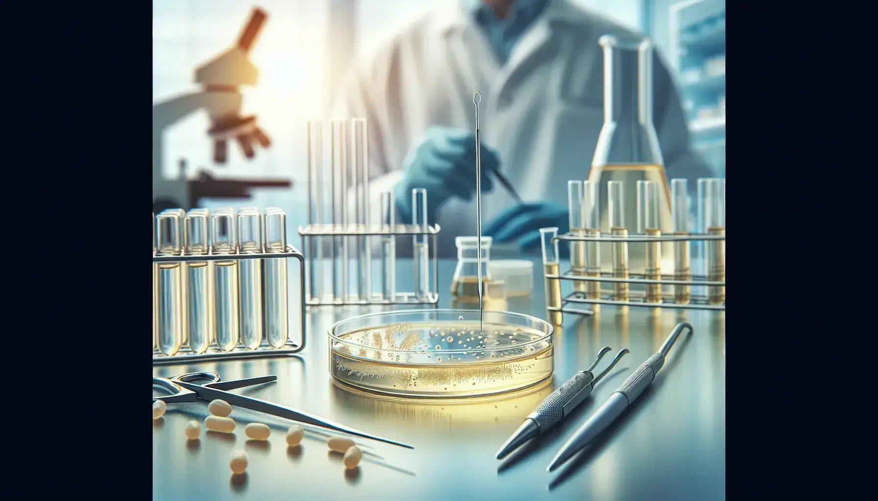 Laboratorio de microbiología con placa de Petri y colonias bacterianas, pinzas, asa de inoculación y técnico manipulando tubo de ensayo.