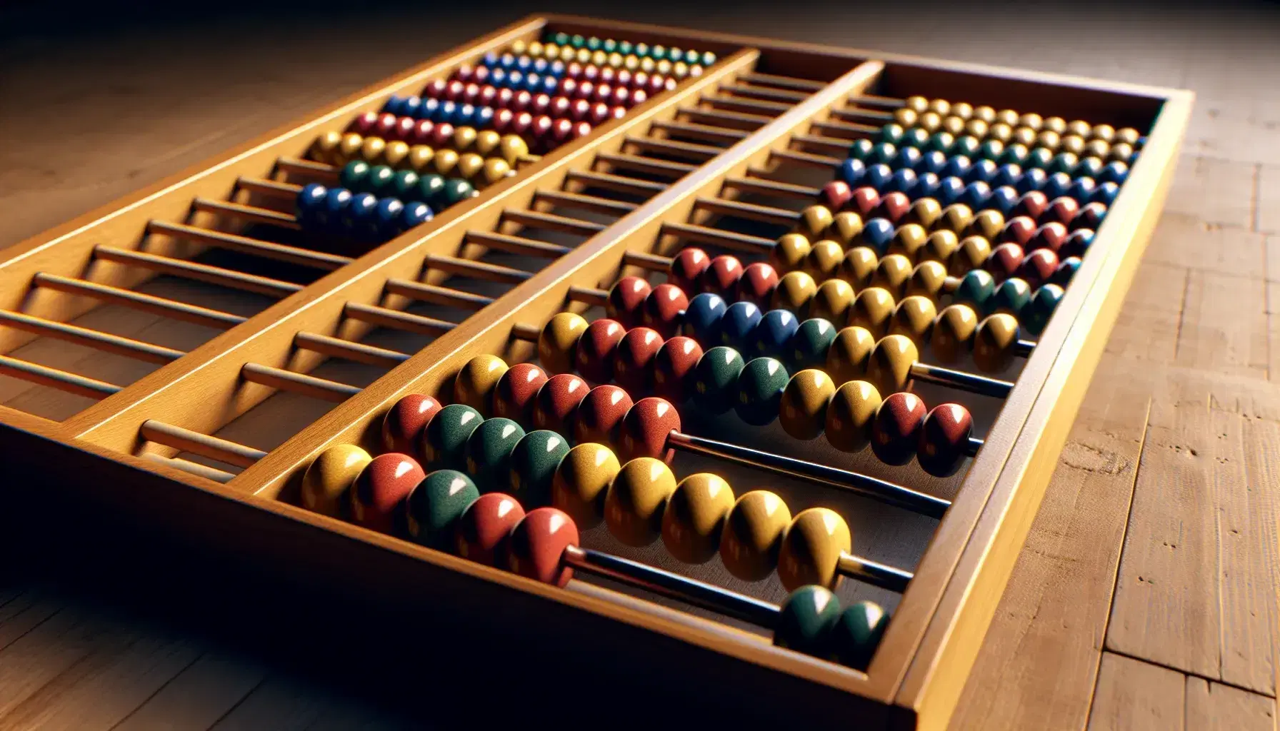 Close-up view of a traditional wooden abacus with colorful red, blue, green, and yellow beads on rods, all in a neutral position.