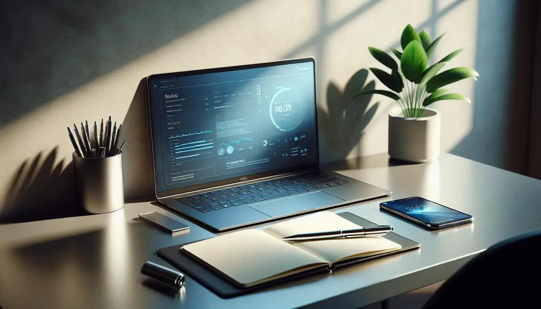 Escritorio de oficina iluminado con laptop moderno, smartphone en soporte, cuaderno abierto con bolígrafo y planta verde, ambiente de trabajo organizado.