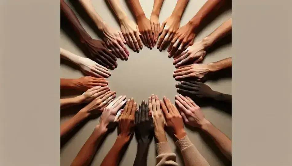 Mani di diverse tonalità di pelle si uniscono a formare un cerchio su sfondo neutro, simboleggiando unità e diversità.