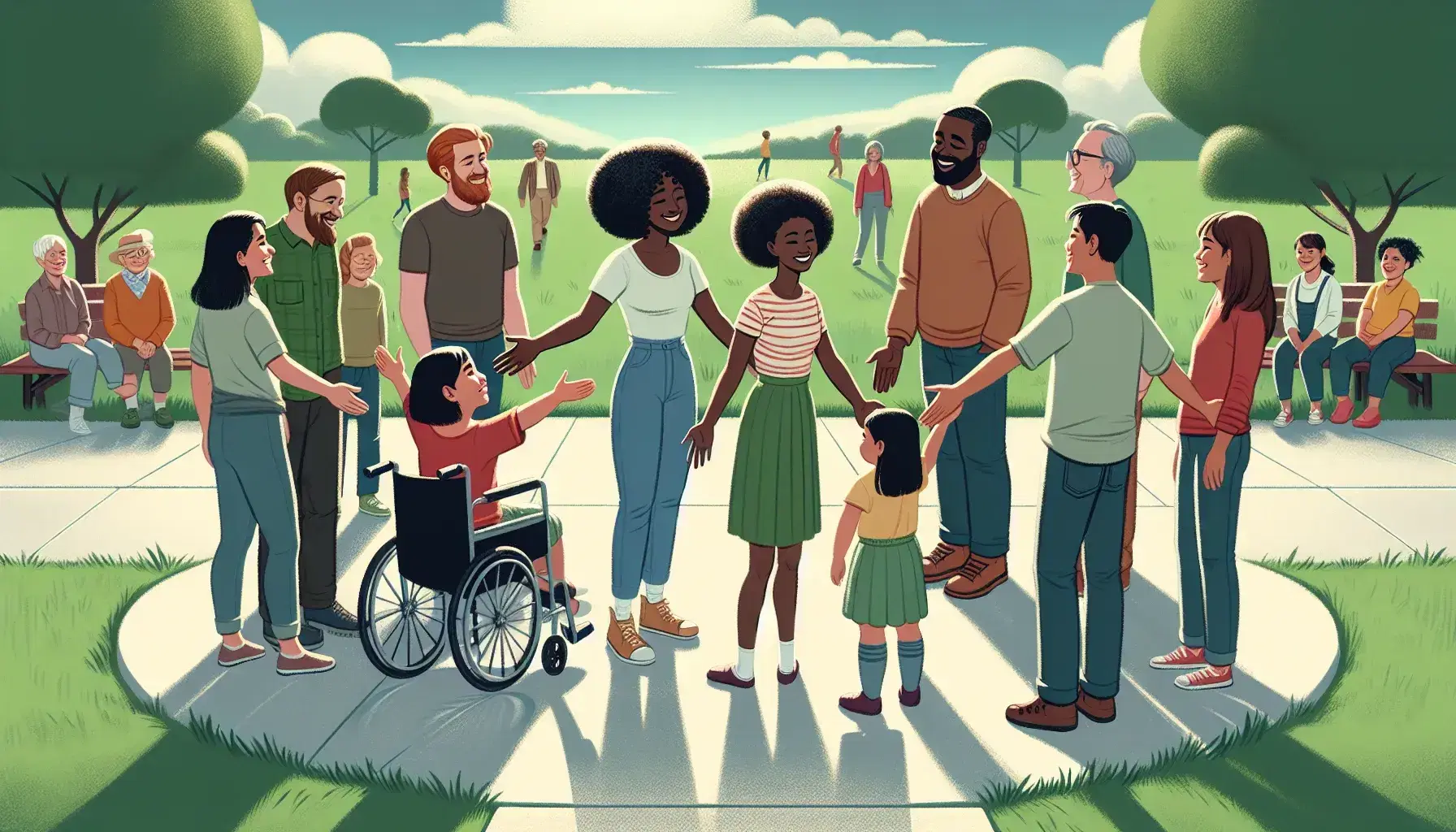 Grupo diverso de personas sonriendo y socializando en un parque soleado, incluyendo una mujer en silla de ruedas y niños de distintas etnias.