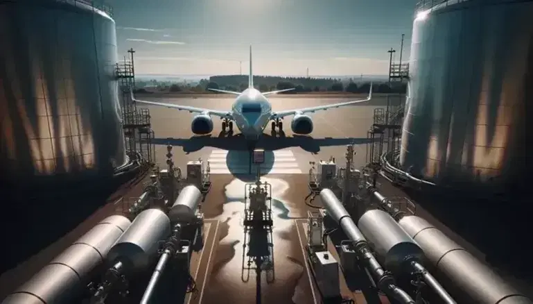 Avión blanco aerodinámico en pista con tanques de combustible y tuberías plateadas en primer plano, cielo azul con nubes dispersas.