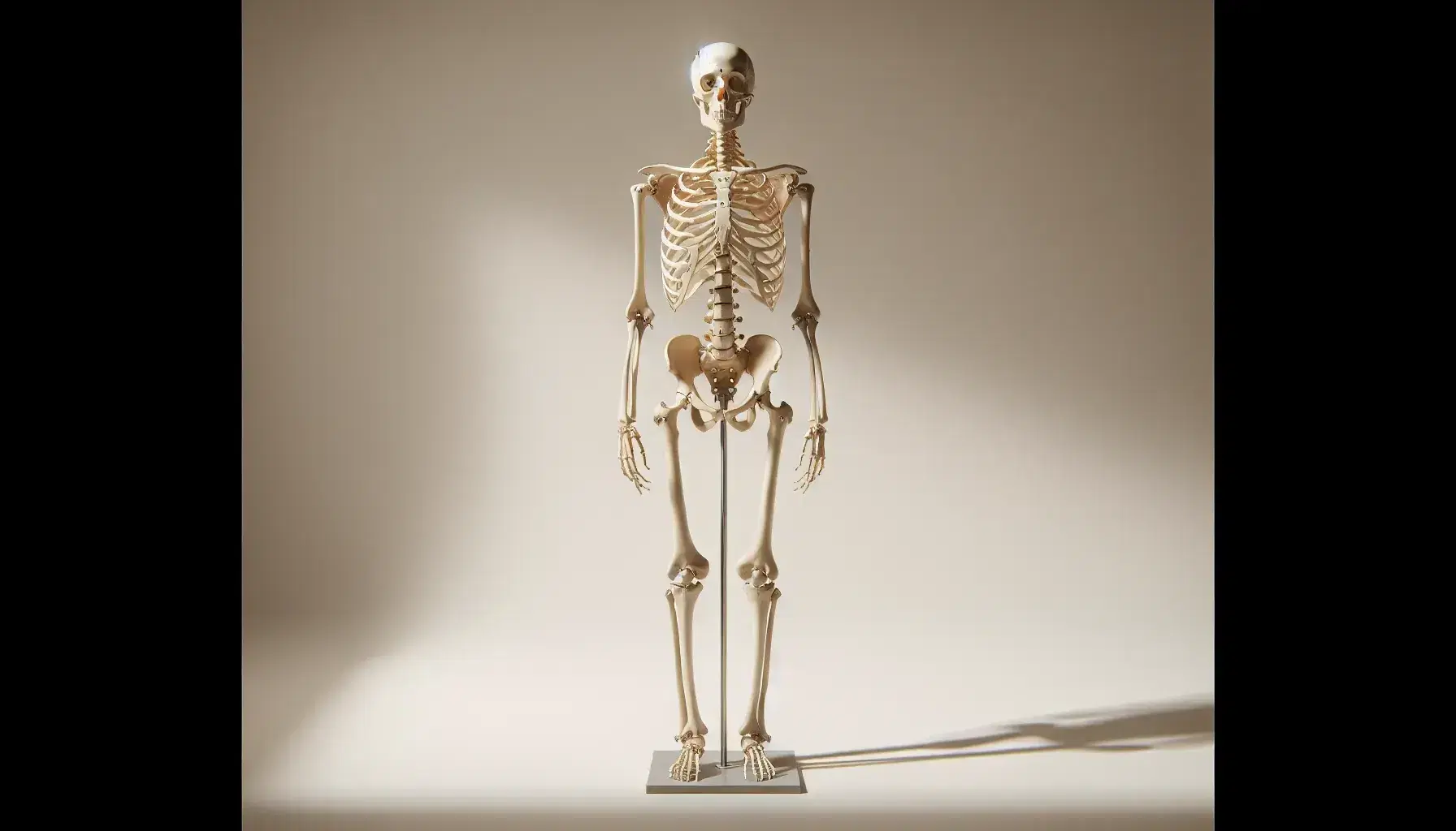 Esqueleto humano completo de pie en posición frontal con articulaciones ligeramente flexionadas, montado en soporte metálico, sin elementos distractores y con iluminación suave que resalta detalles óseos.