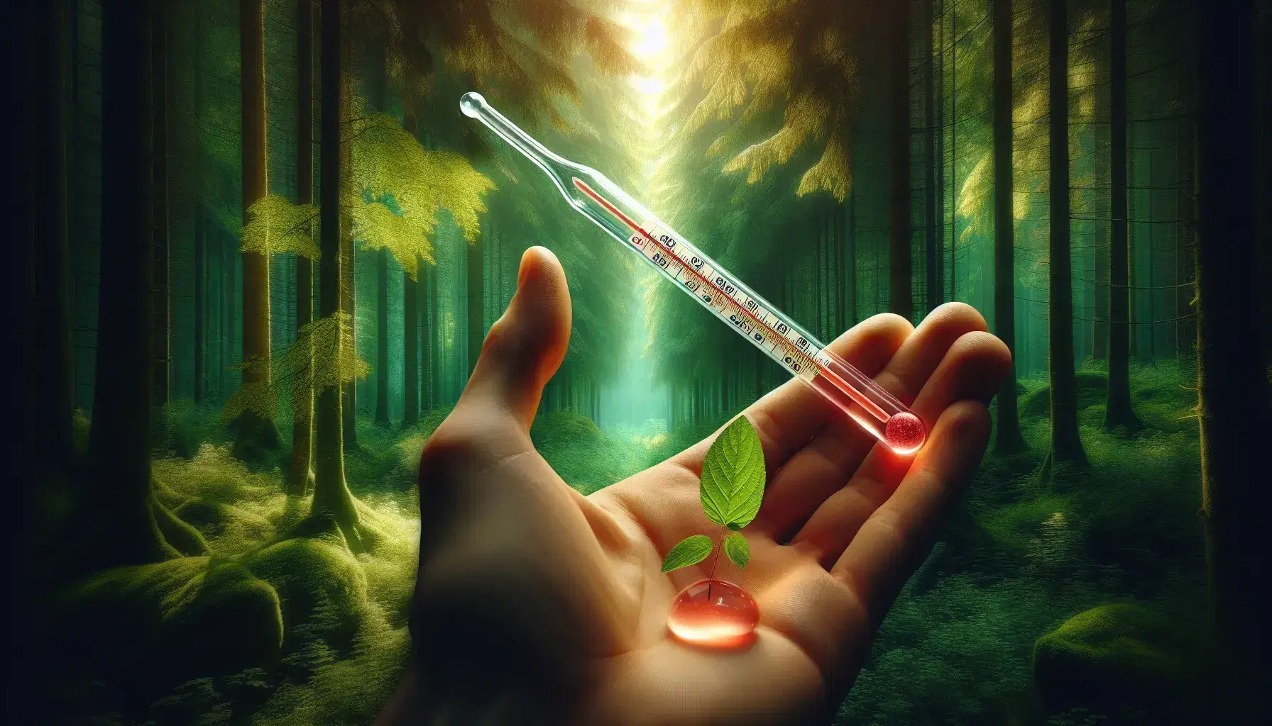 Hand holding a mercury thermometer with red fluid at moderate temperature, against a blurred forest backdrop with dappled sunlight.