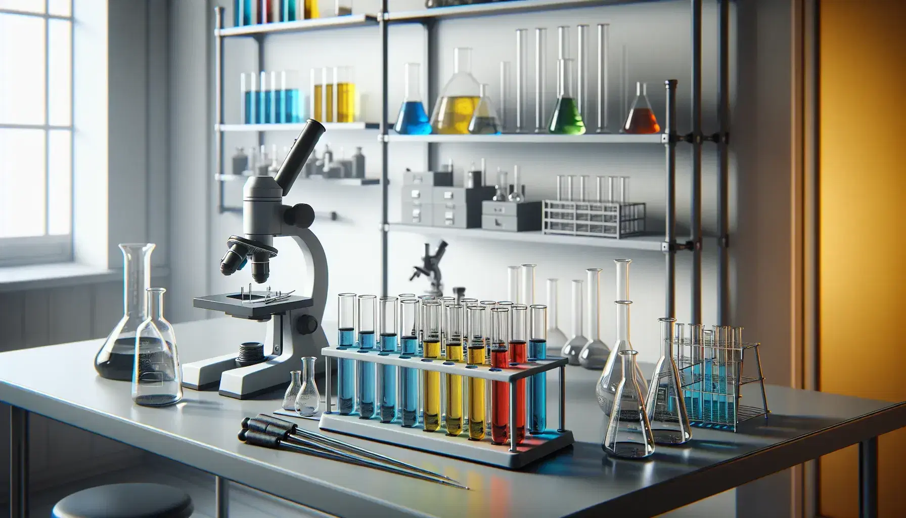 Laboratorio scientifico illuminato con tavolo da lavoro, provette colorate, microscopio, pipette, bilancia analitica e mortaio con pestello.