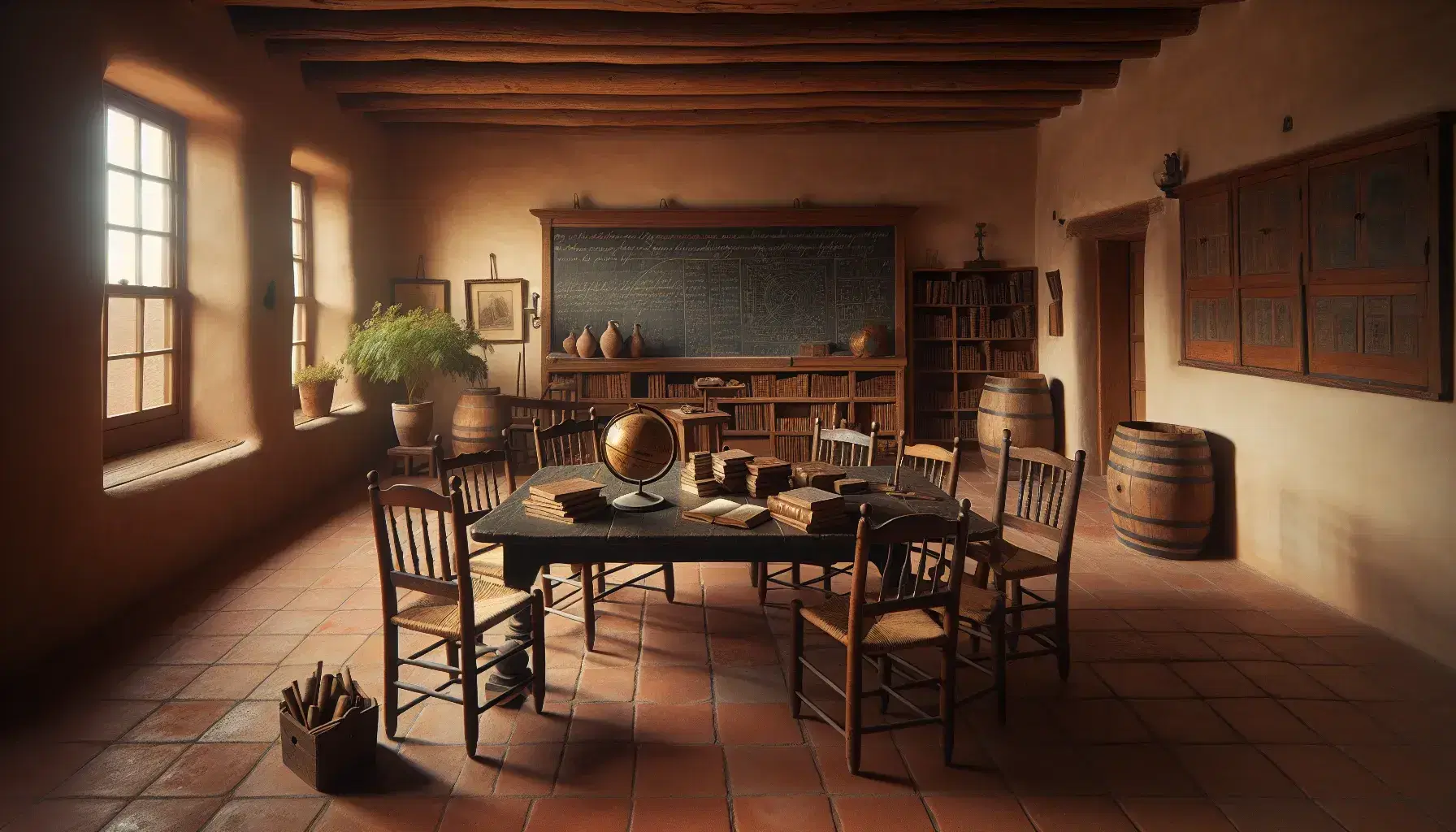 Aula colonial con paredes de adobe y vigas de madera, mesa central con globo antiguo, compás, regla y libros, pizarra y estante con más libros, ventana iluminando el suelo de baldosas rojas y planta con flores amarillas.