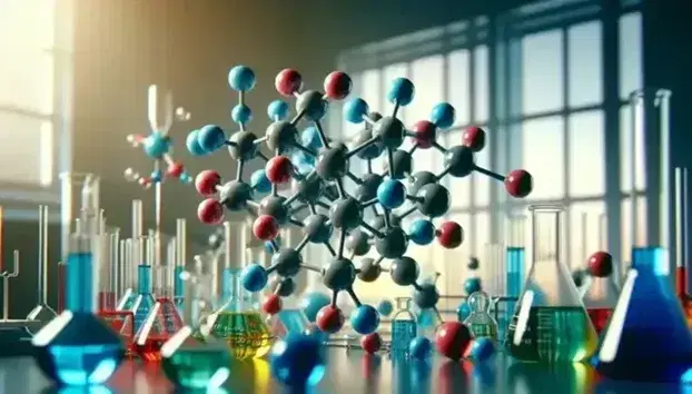 Modello molecolare con sfere blu e rosse collegate da aste grigie su sfondo sfocato di laboratorio con strumenti di vetro e liquidi colorati.
