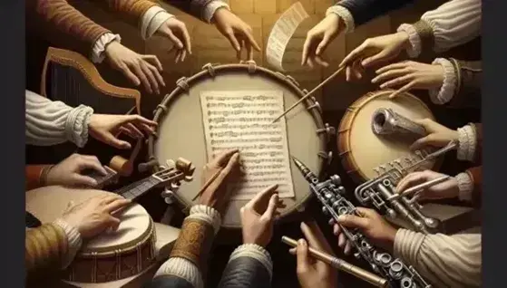 Mani multietniche che reggono strumenti musicali e oggetti di notazione, tra cui penna, tamburo, flauto e lira, su sfondo sfocato.