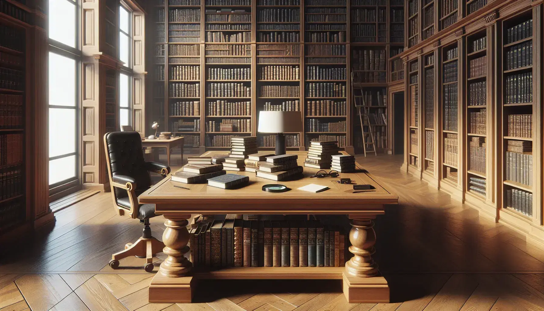 Biblioteca espaciosa con estanterías de madera llenas de libros, mesa central con libros y lupa, silla con cojín beige y ventana que ilumina suavemente.