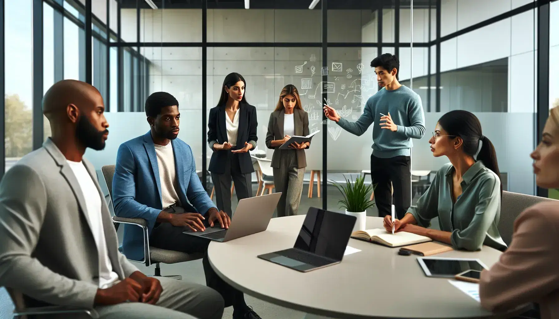 Diverse office team collaborates with laptops and notepads, discussing projects near a whiteboard in a bright, modern workspace with greenery.