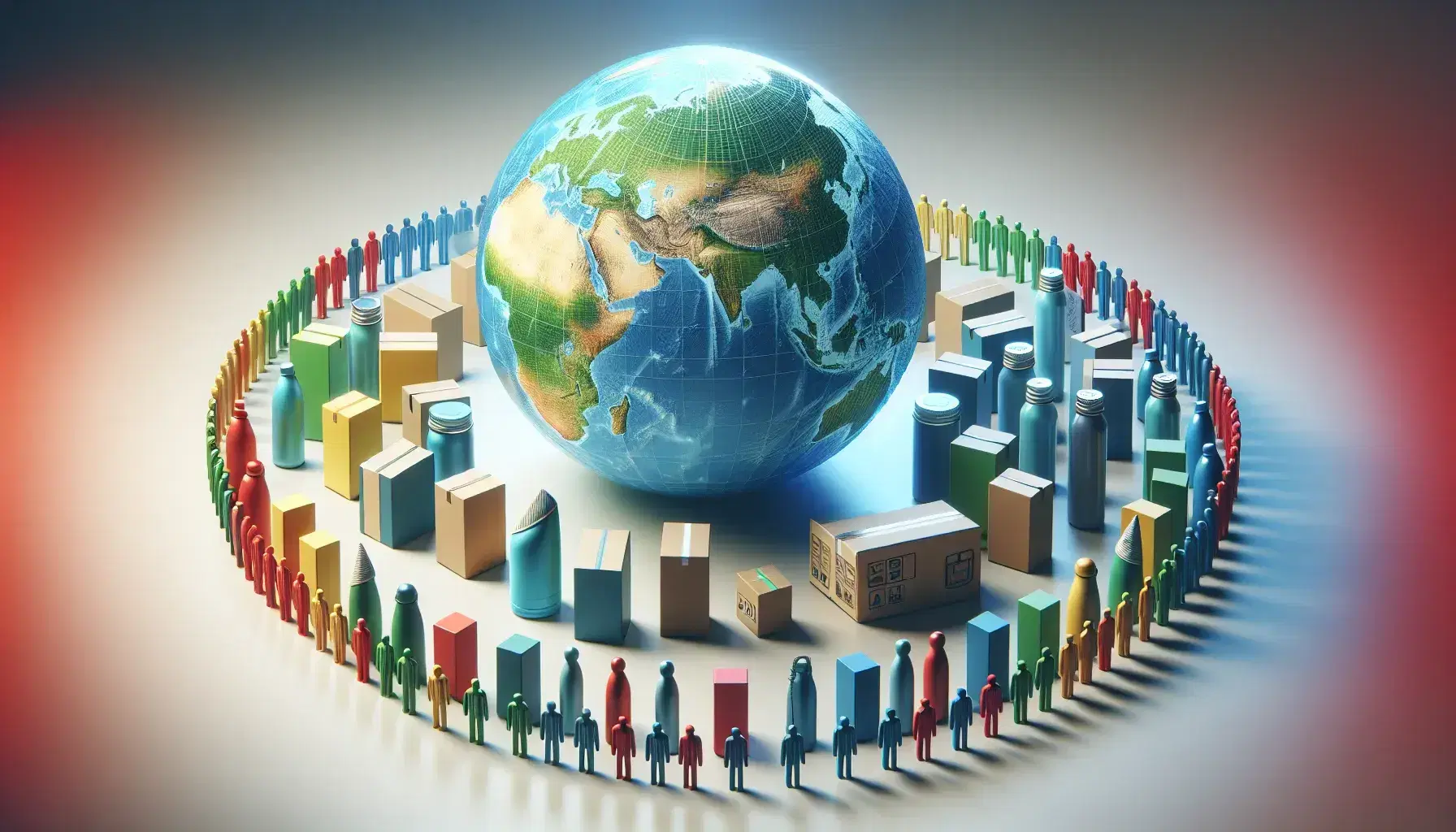 Globo terráqueo detallado con figuras humanas multicolores alrededor simbolizando diversidad cultural y conexión global, frente a productos genéricos coloridos.