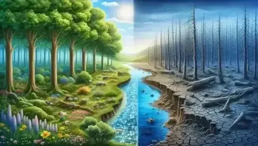 Landscape divided in two: on the left lush forest with clear river, on the right arid land and polluted river under gray sky.