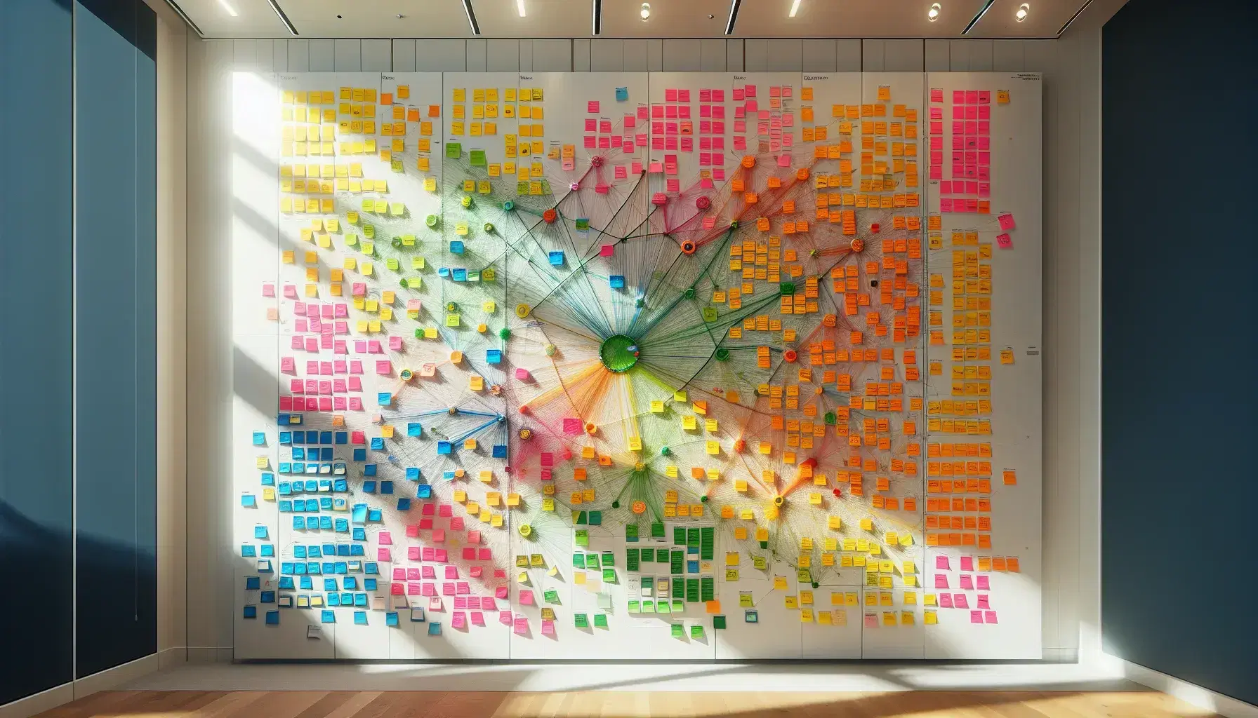 Lavagna bianca con post-it colorati e fili che creano una rete di connessioni, in una stanza illuminata naturalmente.