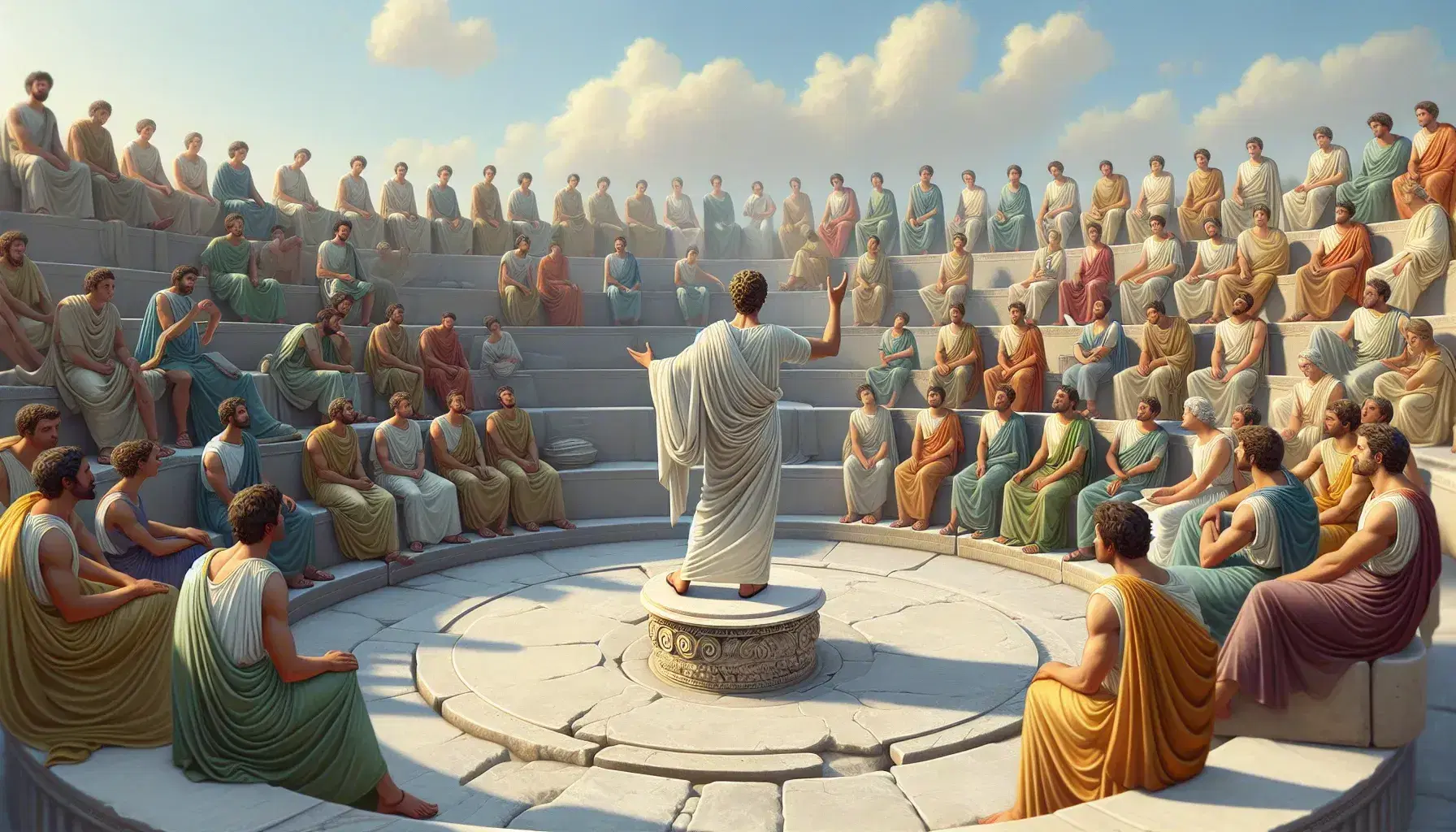 Agora greca antica con oratore in toga e pubblico variopinto su gradini semicircolari, tempio con colonne sullo sfondo.