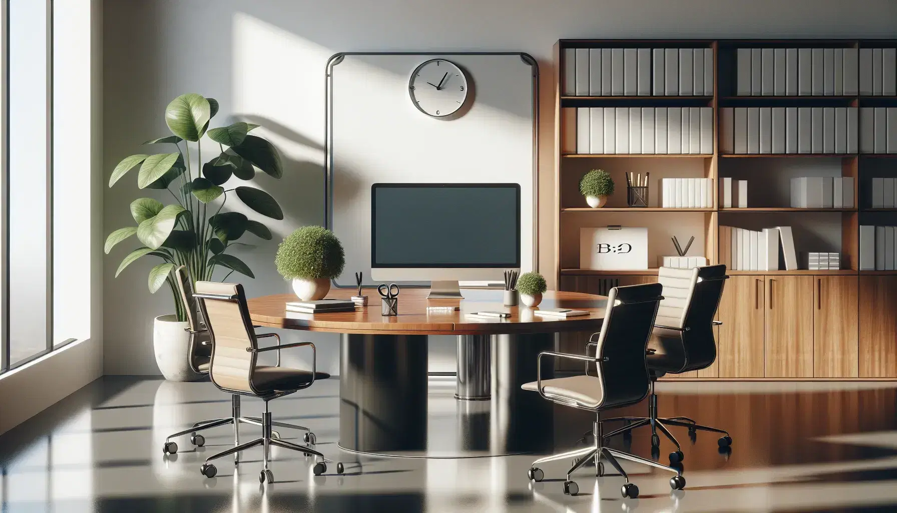 Modern office setup with a wooden desk, computer monitor, green plant, scissors, paper stack, glass whiteboard, bookcase, round table, ergonomic chairs, and coffee mugs.