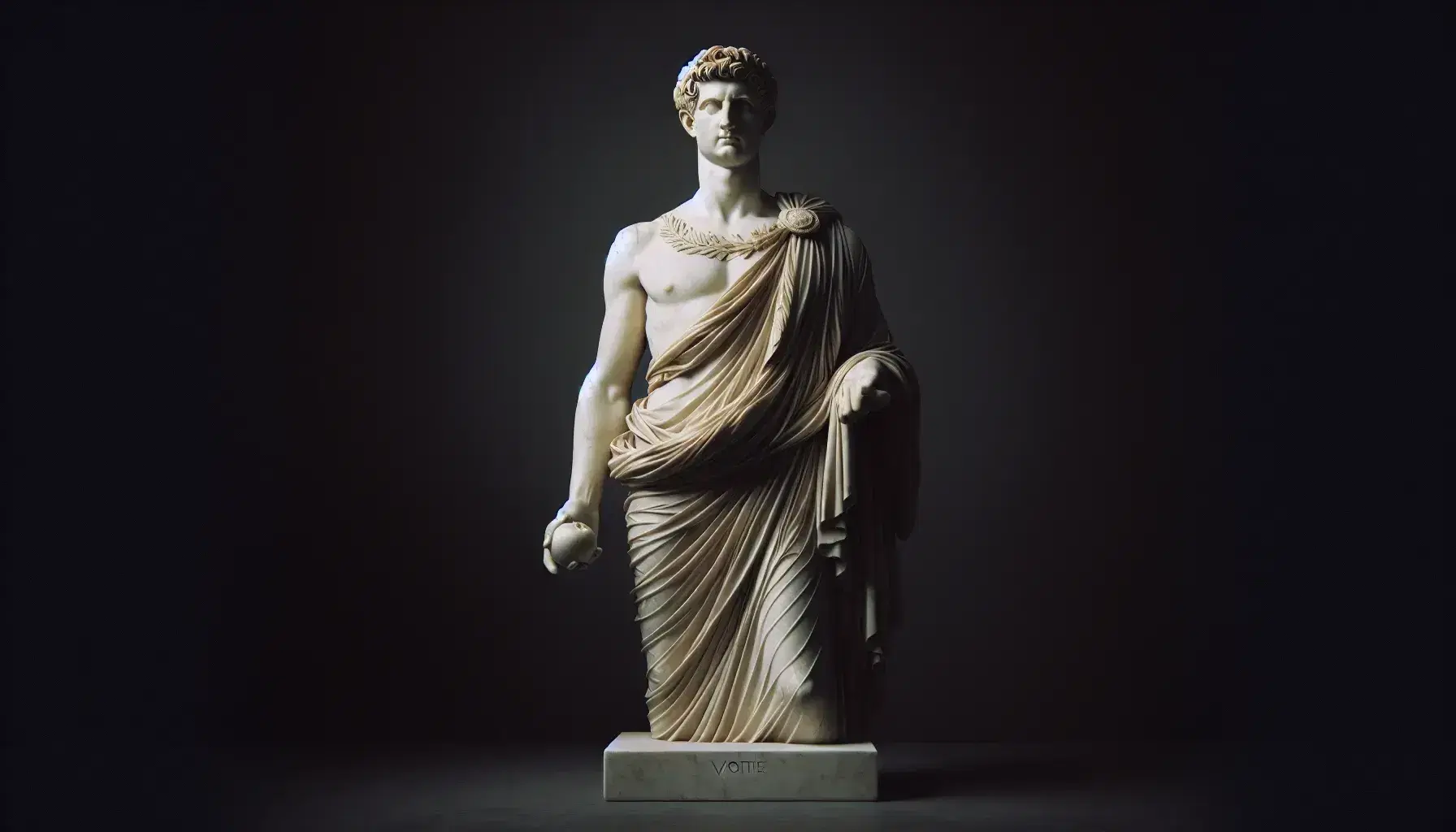 Statua in marmo bianco di uomo romano con toga, corona d'alloro e sfera, in posa naturale su base rettangolare.