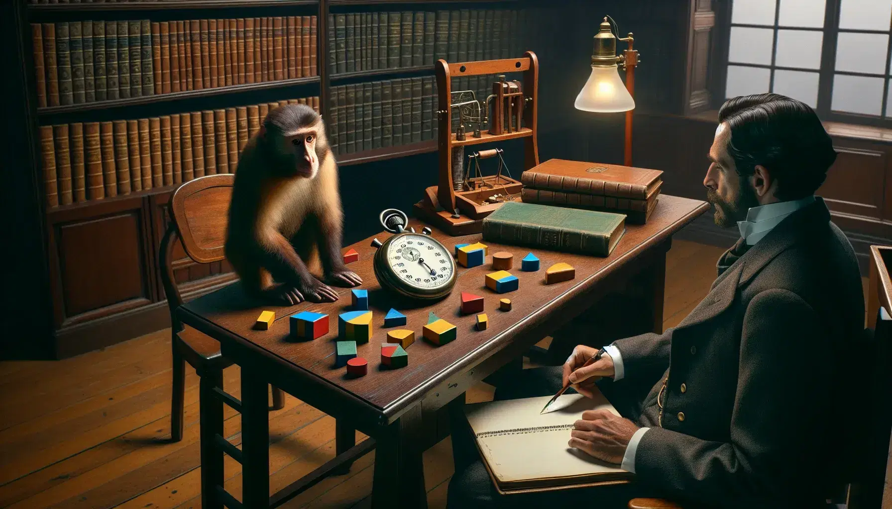 Laboratorio psicológico de principios del siglo XX con un mono macaco estudiando bloques geométricos y un investigador tomando notas.