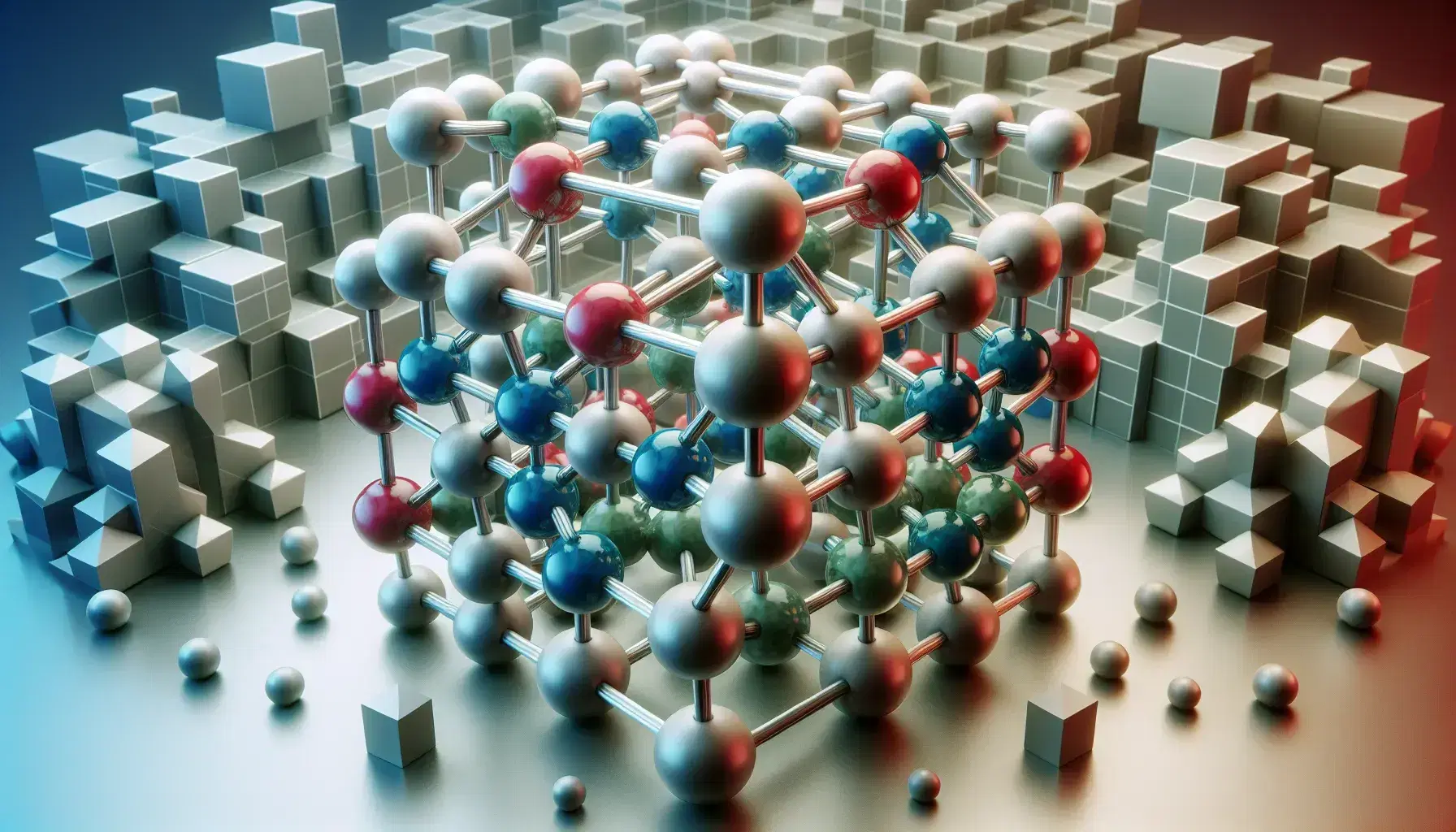 Detailed model of a colorful crystal lattice structure with interconnected red, blue, green, and white spheres linked by metallic rods, against a backdrop of geometric polyhedra.