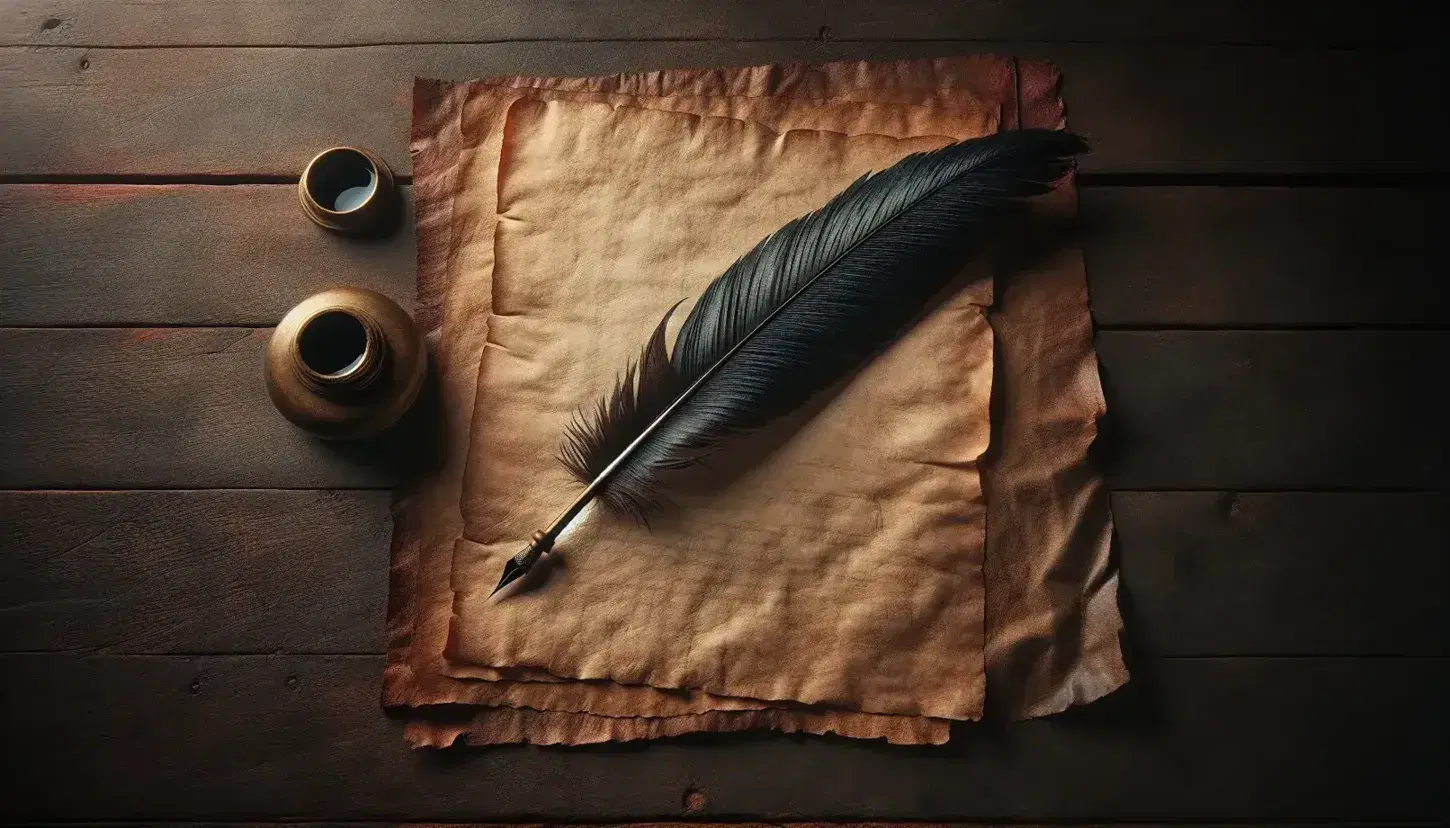 Quill pen on aged parchment with open brass inkwell and unlit candle on a polished dark wooden table, evoking a historical writing scene.