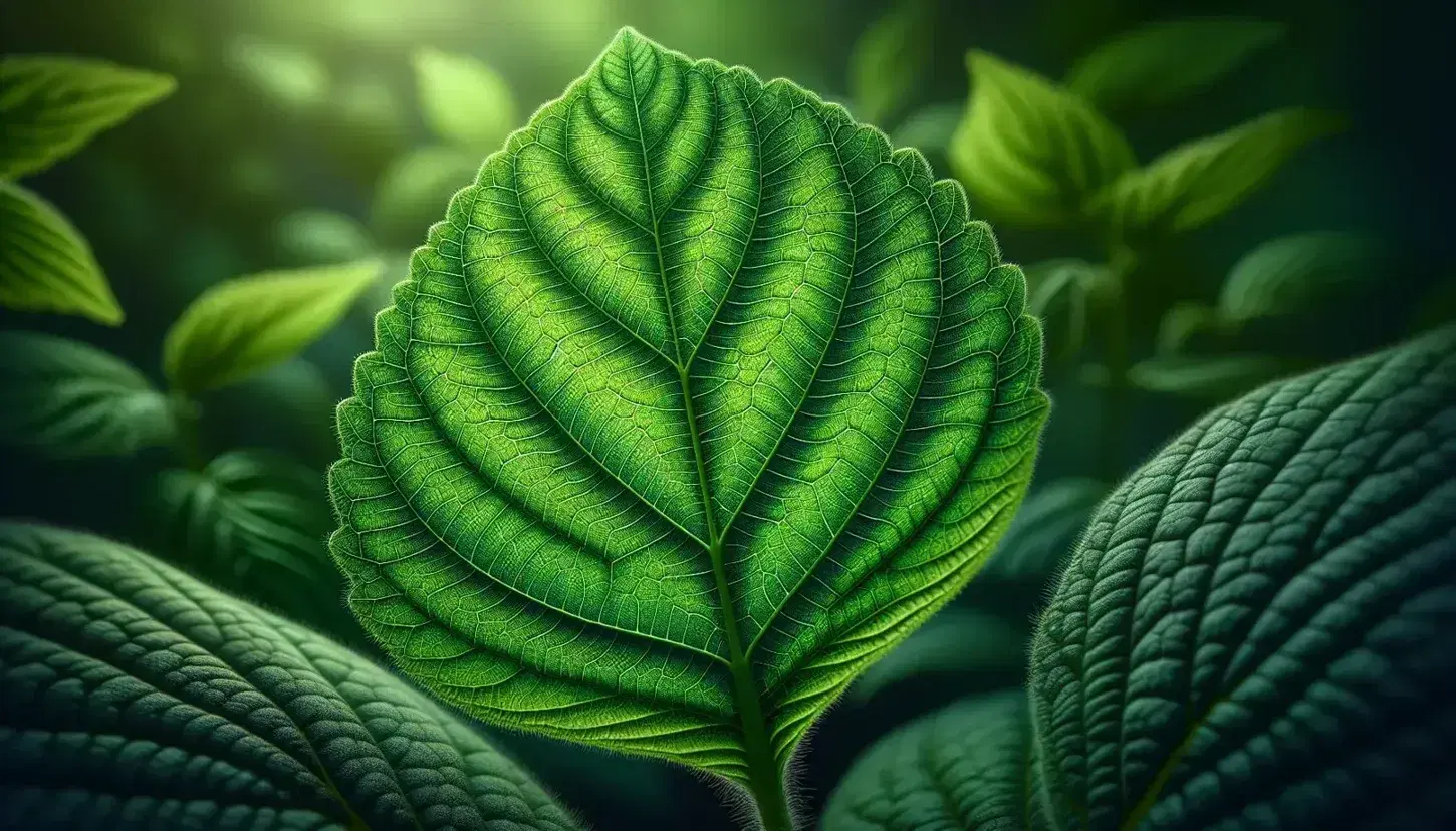 Vibrant green leaf with a prominent midrib and feather-like veins, smooth waxy surface, and serrated edges against a blurred green background.