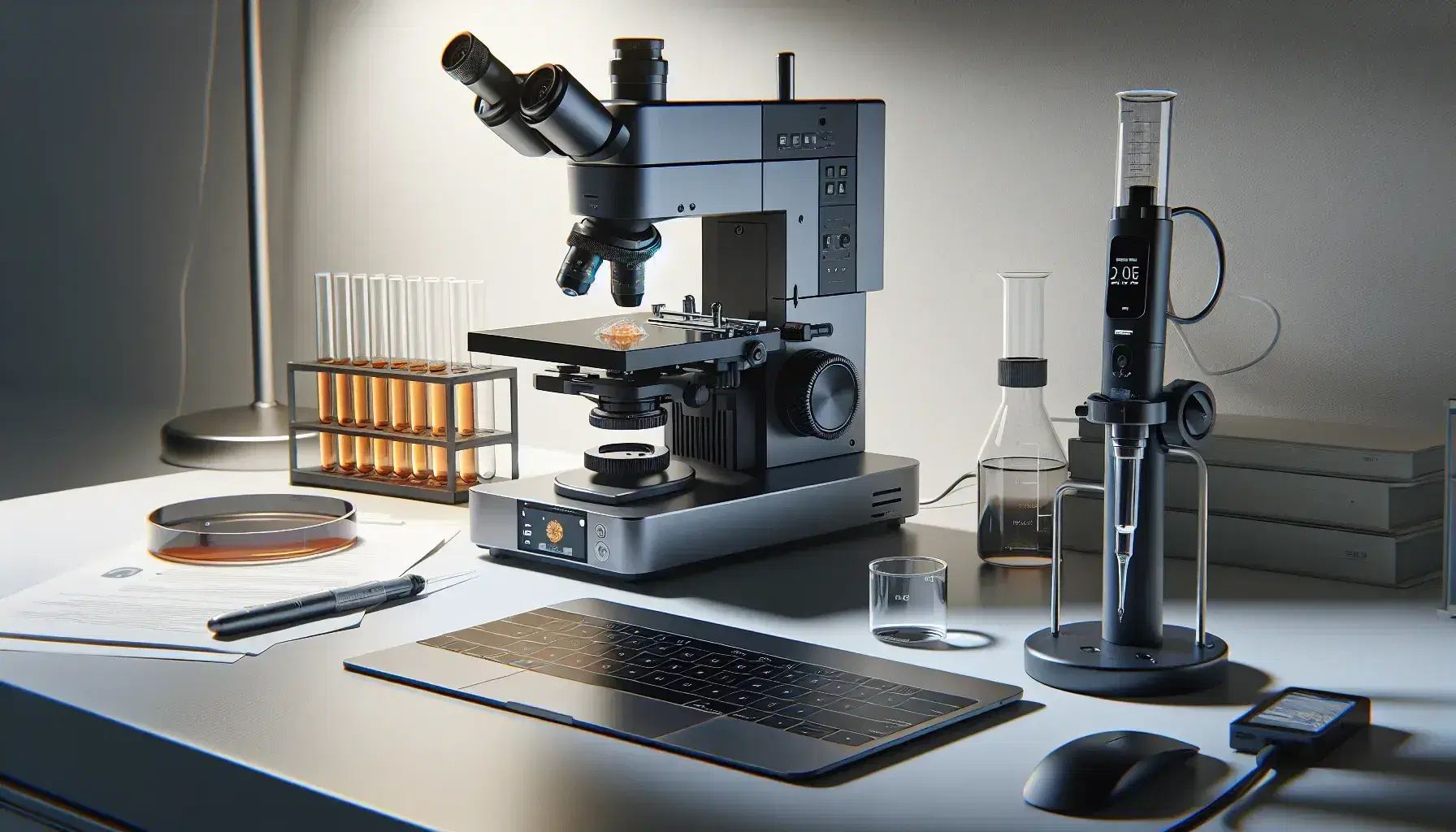 Microscopio elettronico con campione su tavolo da laboratorio, pipetta automatica, provetta e laptop per analisi dati.