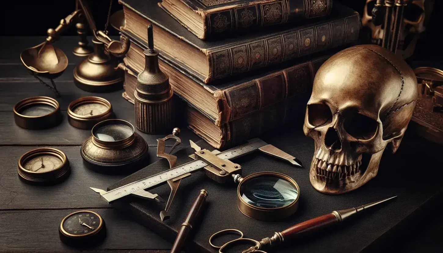 Collection of antique scientific instruments on dark table with brass caliper, magnifying glass, ink, quill pen, leather books and human skull.