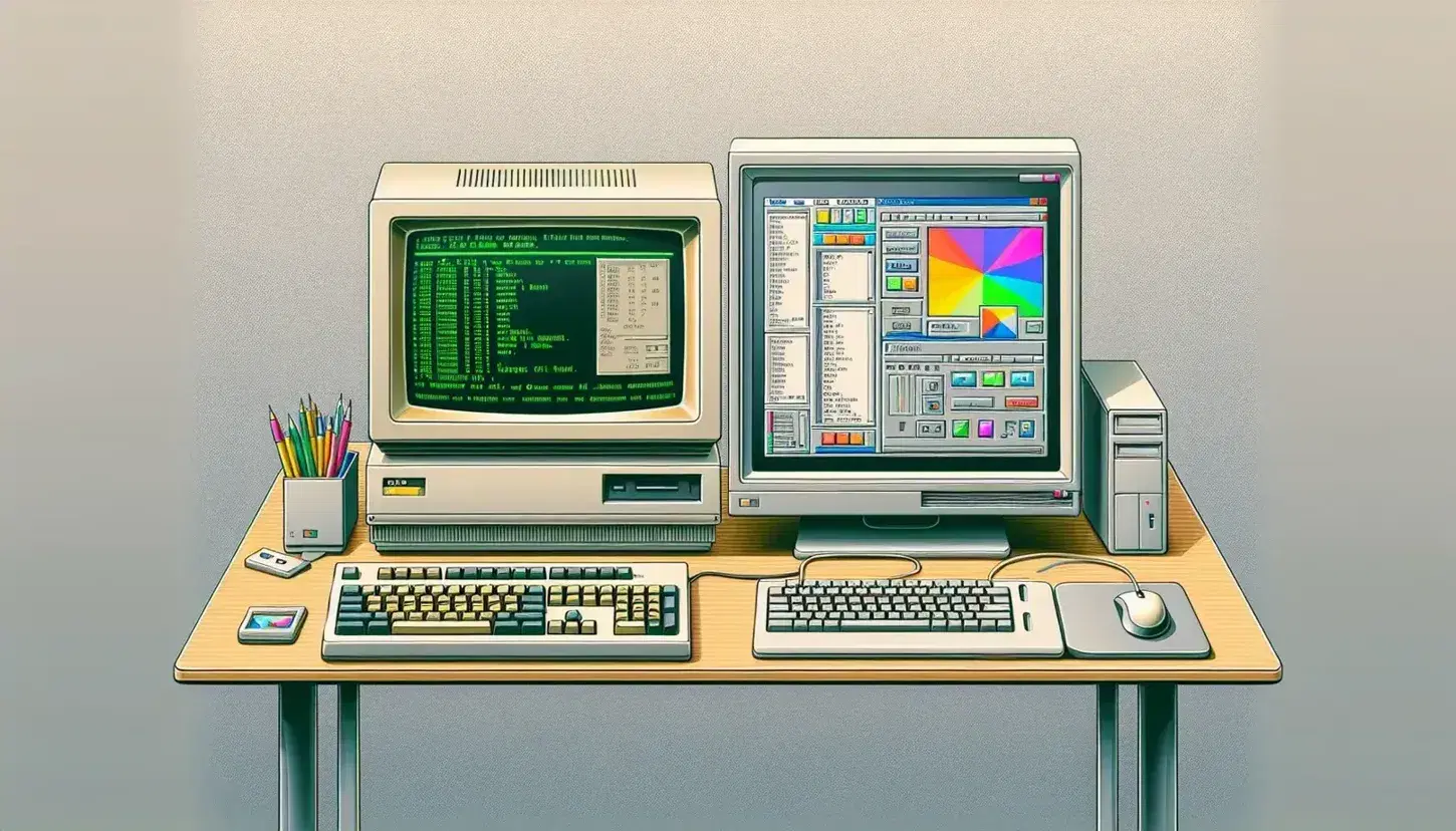 Comparison between computer stations: on the left an old PC with CRT monitor and COUI interface, on the right a modern one with colored GUI, keyboard and mouse.