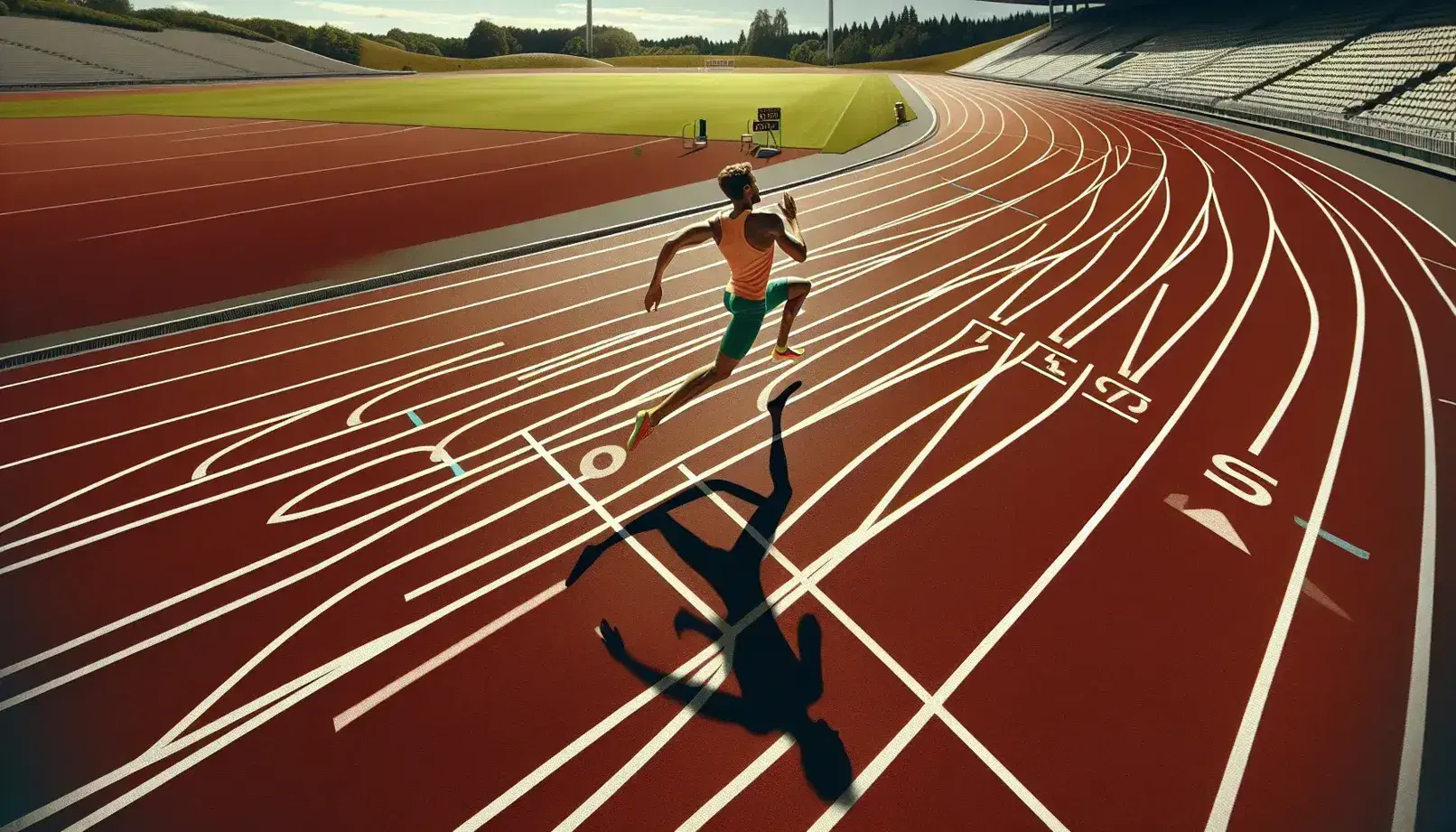 Pista de atletismo con corredor en plena carrera, líneas blancas marcando carriles, cielo azul y vegetación al fondo.