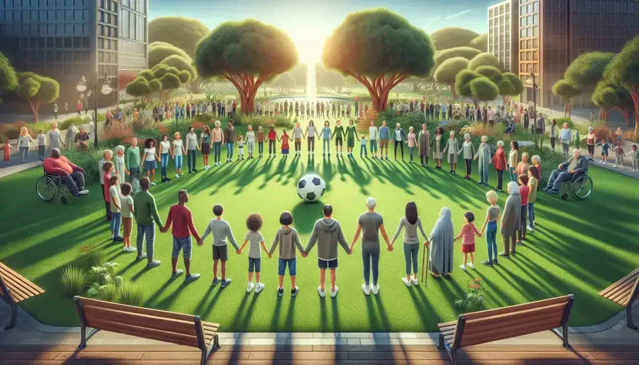 Grupo diverso de personas unidas de la mano en un parque urbano, con árboles y cielo azul, junto a un balón de fútbol y un banco de parque.