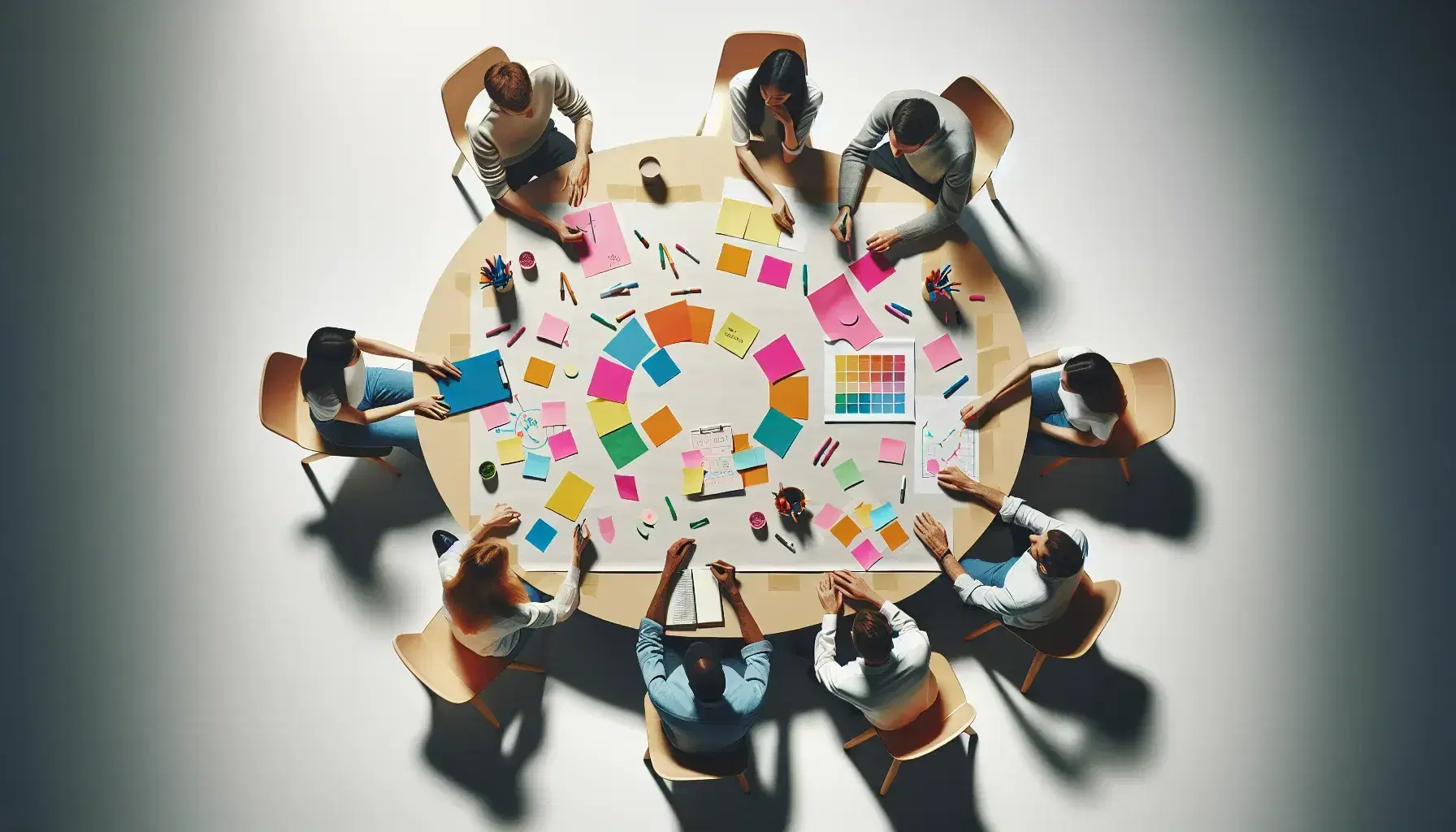 Grupo de cinco personas colaborando en una sesión de brainstorming con post-its coloridos y marcadores sobre una mesa redonda en un entorno de trabajo limpio.