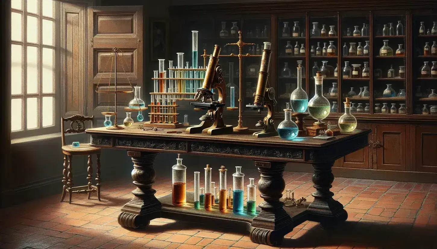Laboratorio del siglo XIX con mesa de madera oscura, microscopio de latón, balanza de precisión, tubos de ensayo con líquidos coloridos y frascos en estante, bajo luz natural.