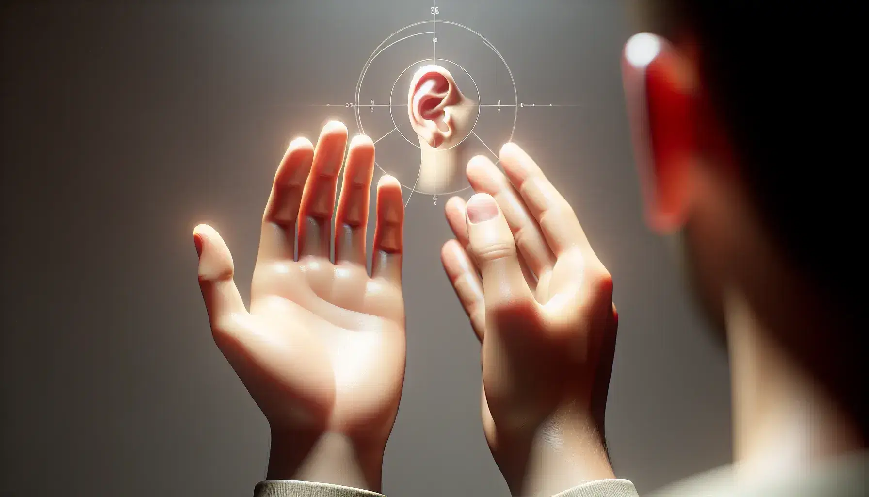 Manos humanas frente a frente en gesto de escucha con un oído al fondo, destacando la comunicación no verbal en tonos neutros y suaves.