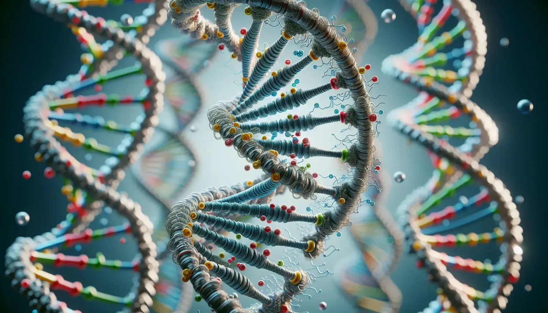 Three-dimensional model of double helix DNA with colored bases: dark green adenine, red thymine, blue cytosine, yellow guanine, on a blurred background.