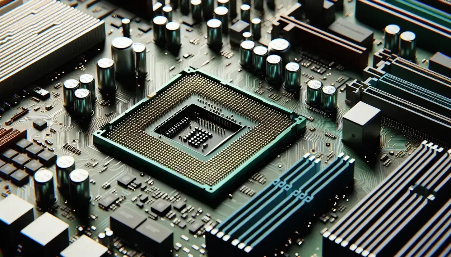 Close-up of a motherboard with empty CPU socket, free RAM slots and various electronic components on a green base with golden circuits.