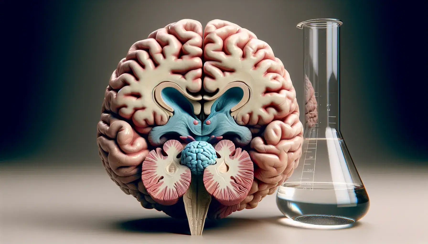 Detailed model of human brain sectioned sagittally on neutral surface with beaker and green plant in terracotta pot.