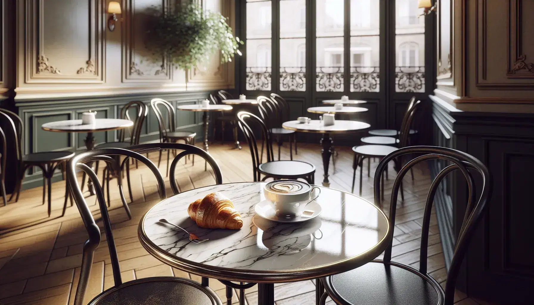 Classic French café scene with a marble-topped bistro table, croissant, coffee cup, wrought iron chairs, and a serene, inviting interior.