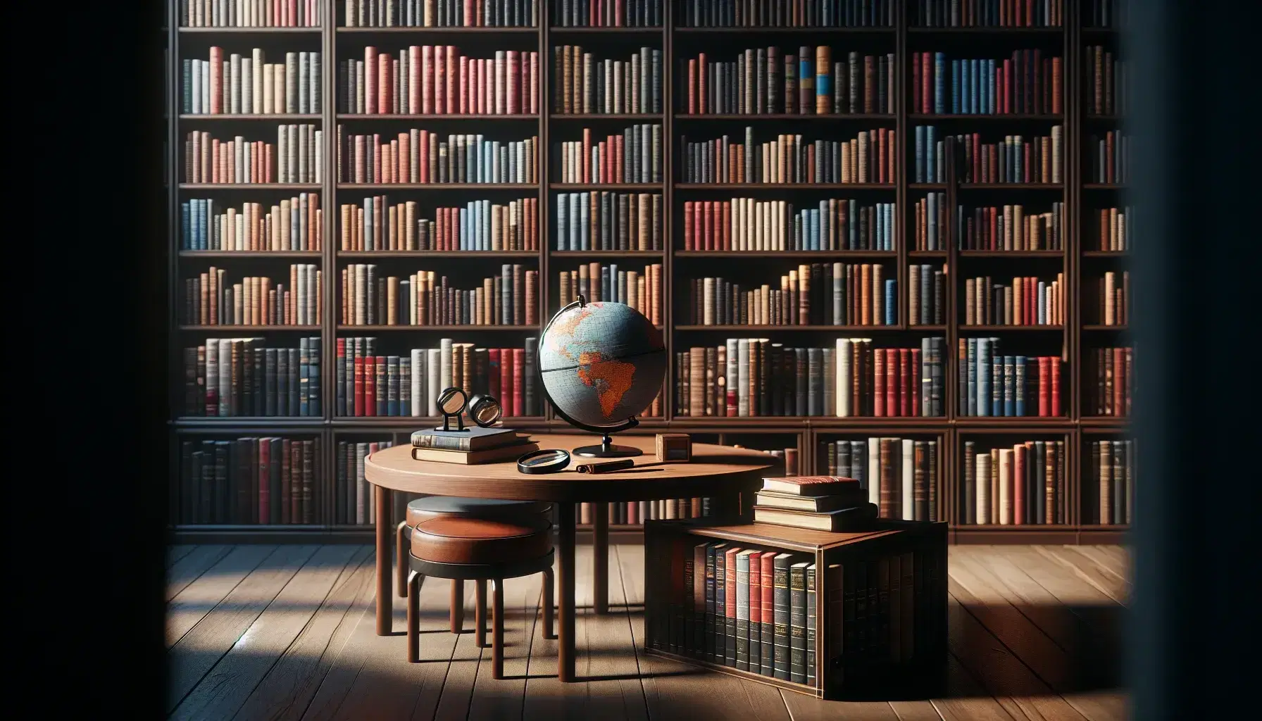 Biblioteca con estantes de madera oscura llenos de libros coloridos, mesa con globo terráqueo y lupa, ambiente cálido y acogedor.