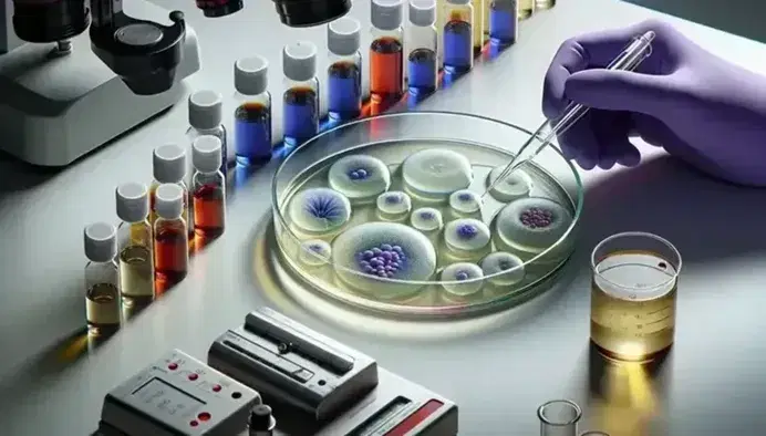 Close-up of a petri dish in the laboratory with clearing areas on agar, colored vials and gloved hands holding a pipette.
