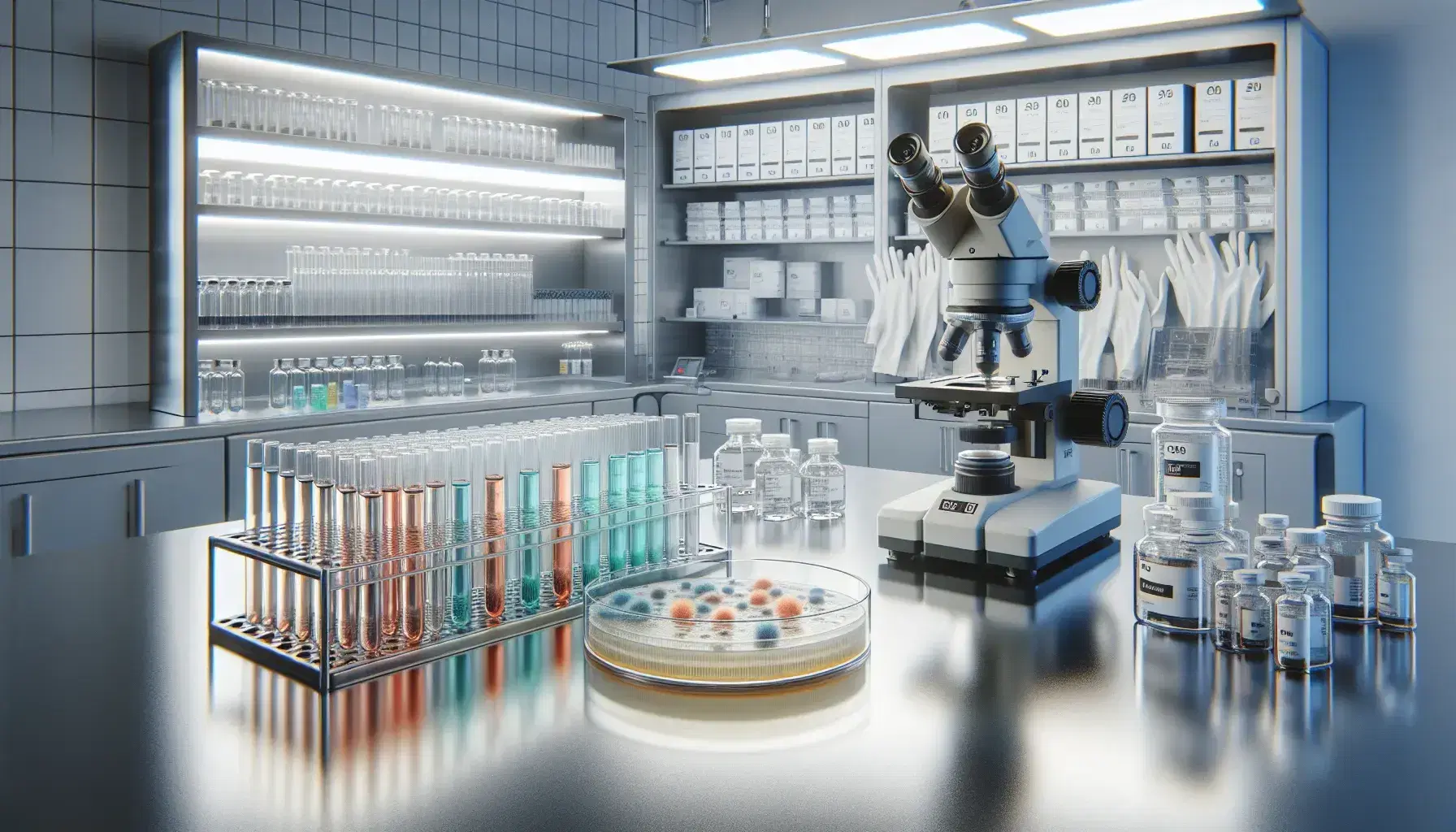 Laboratorio de biotecnología moderno con mesa de trabajo, tubos de ensayo con líquidos de colores, microscopio electrónico y placa de Petri con colonias bacterianas.
