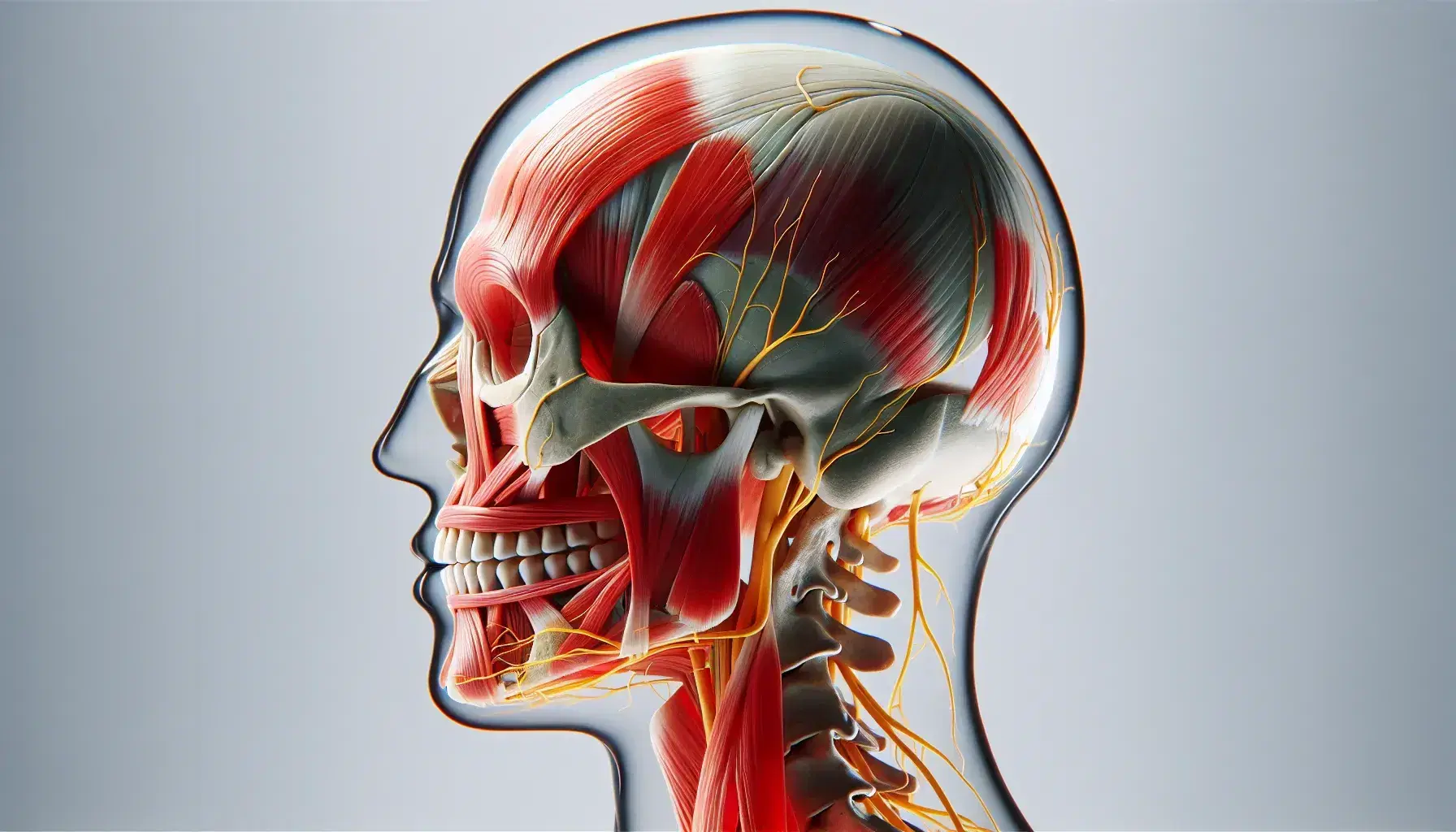 Modelo anatómico transparente de cabeza humana mostrando músculos de la masticación en rojo y nervios en amarillo, destacando el nervio trigémino.