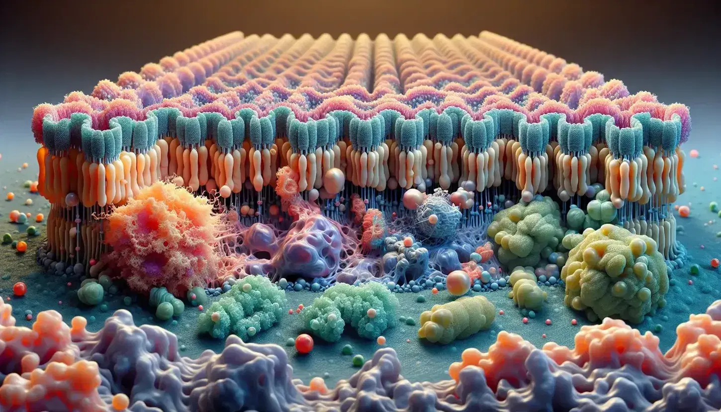 Close-up of a cell membrane with embedded proteins, external signaling spheres and internal cytoskeletal lattice, in a detailed cellular environment.