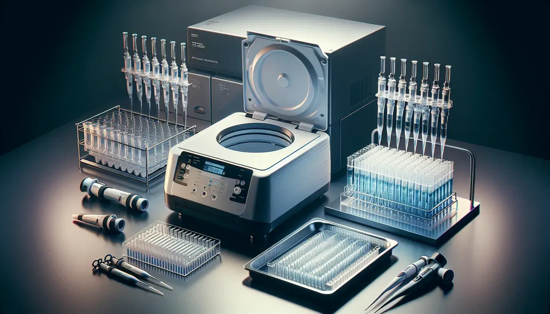 Laboratory workbench with DNA cloning equipment including a microcentrifuge, gradient blue micropipettes, a thermal cycler, gel electrophoresis setup, and a digital balance.