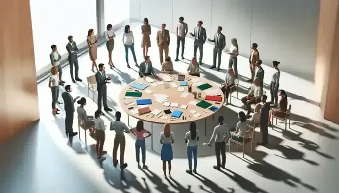 Grupo diverso de personas en reunión alrededor de una mesa redonda con documentos y carpetas de colores, en un ambiente iluminado y colaborativo.