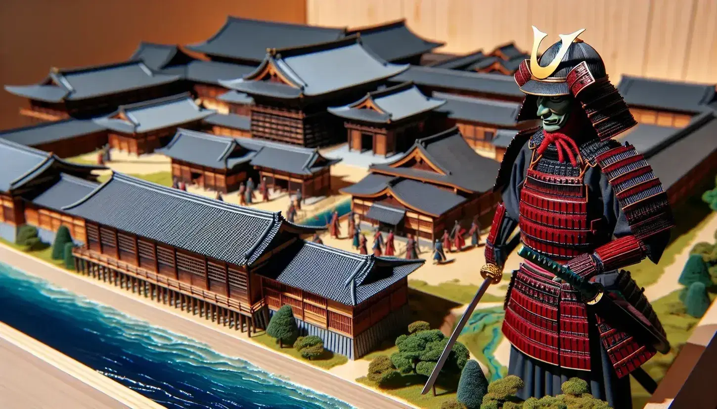 Detailed scale model of Kamakura shogunate with a samurai figure in armor, traditional wooden buildings, and a landscaped base with trees and a stream.