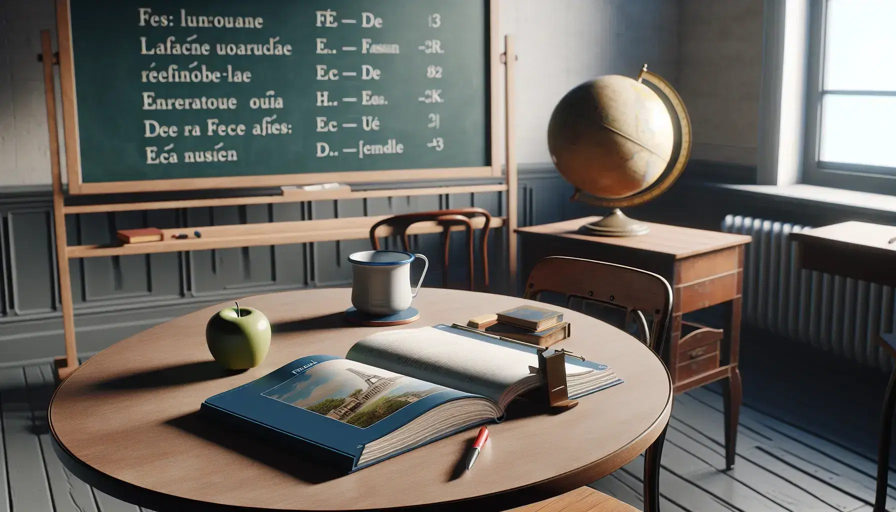 French language classroom with a round table, open textbook, red pen, apple, teacher's desk with a mug, globe, burgundy chairs, and a chalkboard.