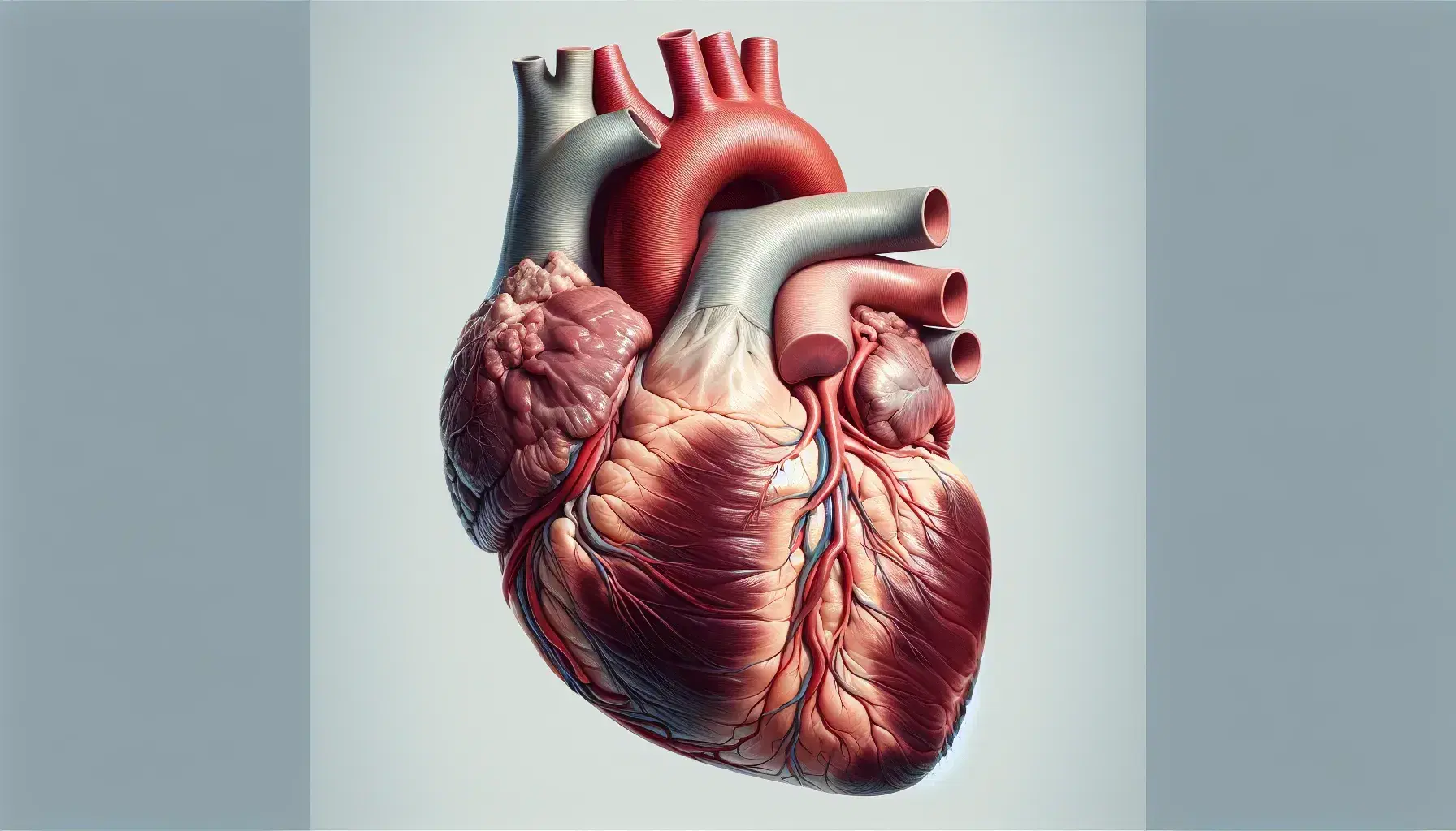 Corazón humano detallado en vista anterior mostrando cámaras, válvulas y arterias coronarias sobre fondo neutro.