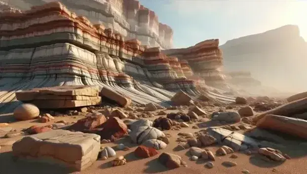 Formación rocosa con estratos horizontales en tonos marrones, rojos y grises, bajo un cielo despejado y soleado, sin presencia de vida visible.